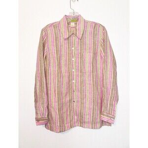 Sigrid Olsen Striped Green Pink Linen Button Down Shirt Size Small